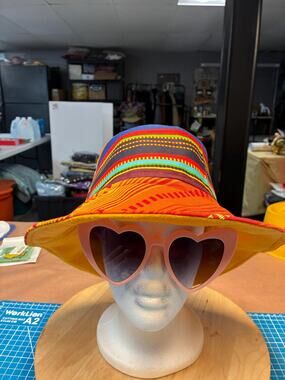 Upcycled Bucket Hat — Fiery Orange Mixed Stripe, Marigold Felt, Size Large 23"
